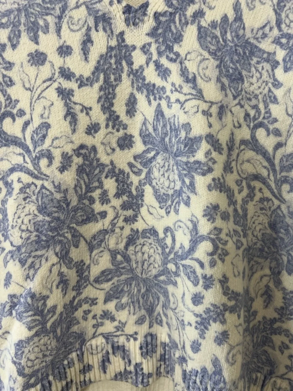 Blue Toile Floral Knit Sweater Cottagecore Romantic Grandmacore Soft Girl